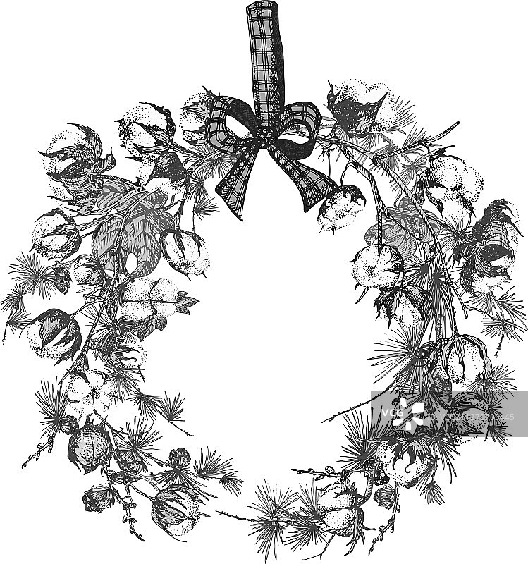 手绘植物素描花环与圣诞节图片素材