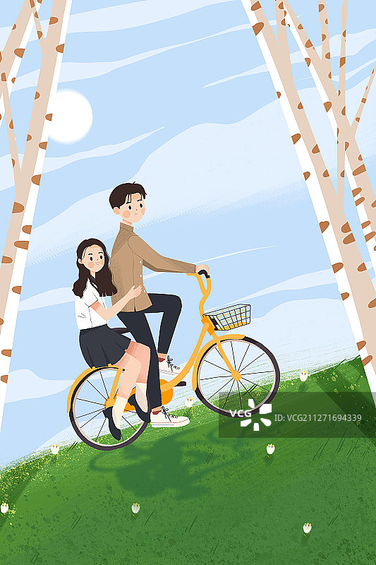 骑着自行车在山上看风景眺望远方的青年男女图片素材