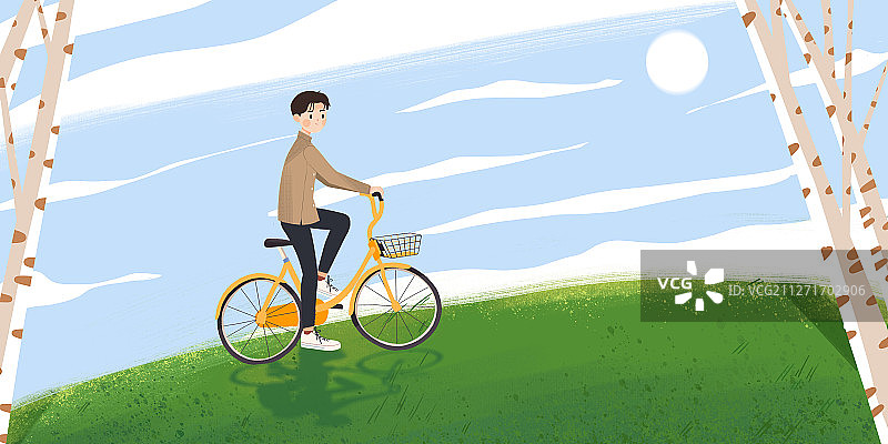 骑着自行车在山上看风景眺望远方的青年男生图片素材