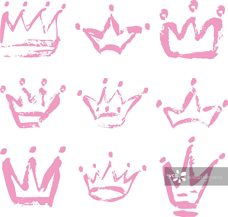 手绘皇冠图标设置在粉红色墨笔刷图片素材