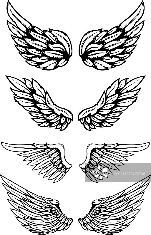 设置翅膀在纹身风格孤立的白色图片素材