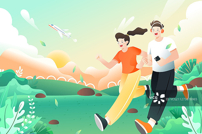 健康减肥瘦身跑步活动踏青风景矢量插画图片素材
