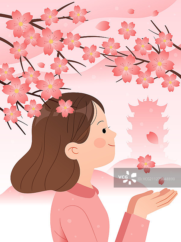 女孩在樱花树下图片素材