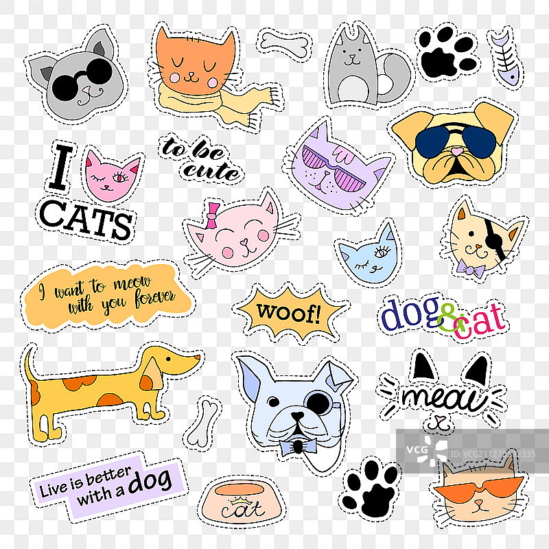 时尚补丁徽章流行艺术设置猫和狗图片素材