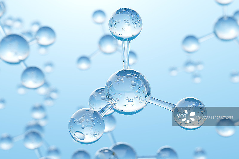 蓝色背景下的透明玻璃甲烷CH4分子模型图片素材