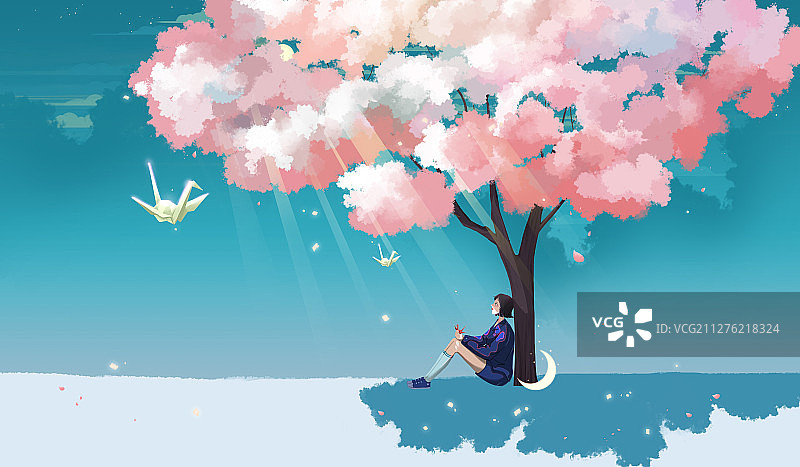 坐在樱花树下拿着千纸鹤的女孩插画横版图片素材