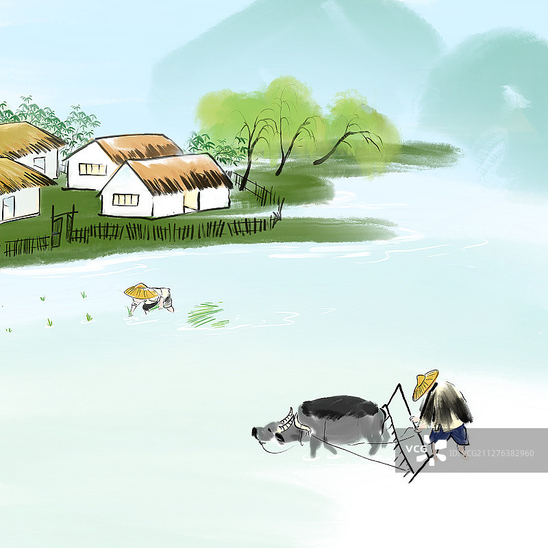 水墨中国画二十四节气插图之夏季芒种乡村农业水稻耕种图片素材
