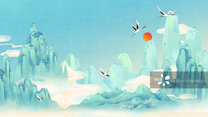 云雾缭绕的青山间飞舞的白鹤与红日国风插画图片素材