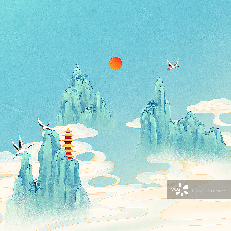 云雾缭绕的青山古塔与白鹤红日国风插画图片素材