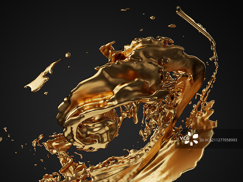 黑色背景下金色的流动液体与水花素材图片素材