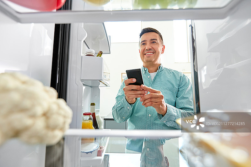 健康饮食、科技和饮食理念——快乐的中年男子用智能手机列出家庭厨房冰箱里的必要食物清单。男人用智能手机列出冰箱里的食物图片素材