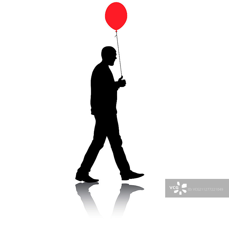 一个男人的剪影与气球在一个白色的背景。白色背景上一个拿着气球的男人的剪影图片素材