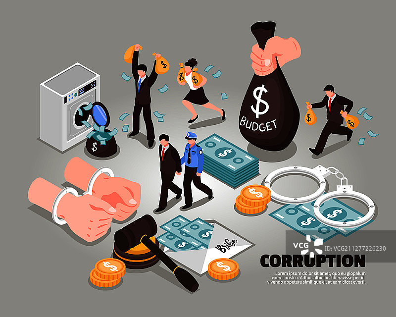 腐败等角矢量图包括象征洗钱贿赂贪污法官腐败政客的图标图片素材