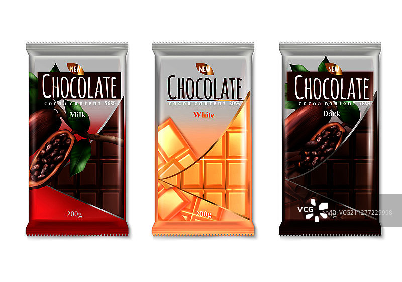 巧克力广告逼真的牛奶白黑可口的豪华品牌巧克力棒包装设计孤立矢量插图图片素材