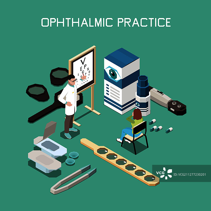 眼科仪器和药物等距组成与验光师和病人三维矢量插图图片素材