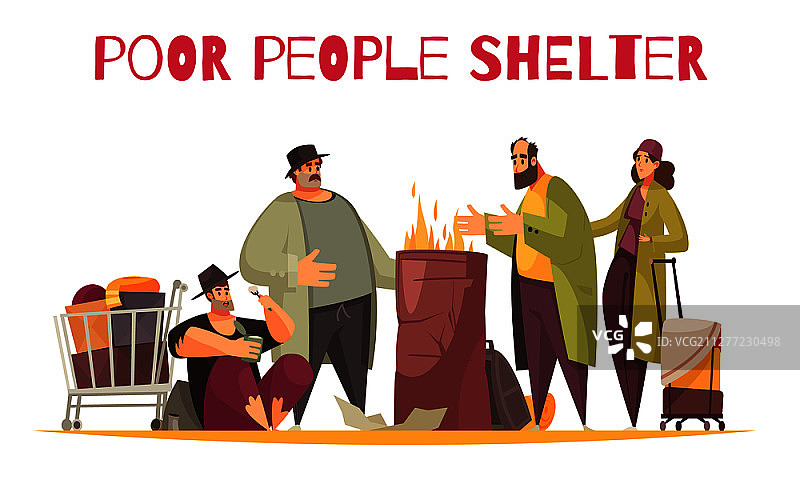 可怜的无家可归者庇护所户外公寓漫画构图与人们燃烧的火存活寒冷的街道矢量插图图片素材
