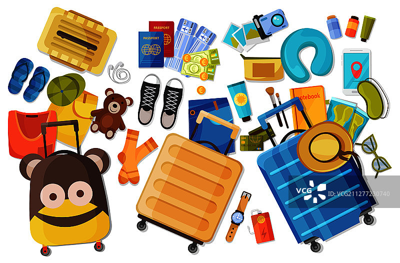 家庭手提箱的平面构图与个人的东西和儿童和成人的财产矢量插图的平面图像图片素材