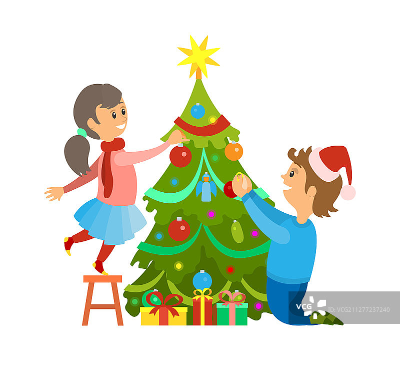 圣诞寒假准备装饰矢量。父亲和女儿用花环、星星和小饰物装饰松树。礼物礼物。圣诞寒假准备装饰图片素材