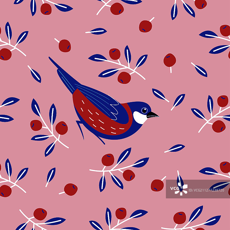 无缝图案与鸟，花，叶和浆果。粉红色背景上的山雀。矢量图. .无缝图案与鸟，花，叶和浆果。矢量插图。图片素材
