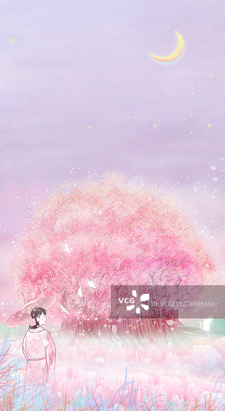 汉服少女撑伞在樱花树下看风景插画图片素材