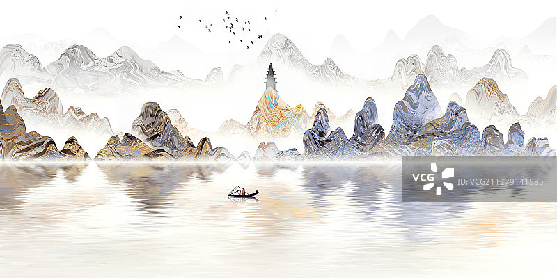 现代手绘蓝色抽象山水画图片素材
