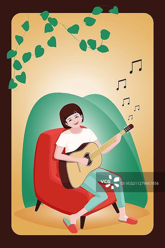 短发美女坐着弹吉他矢量图图片素材