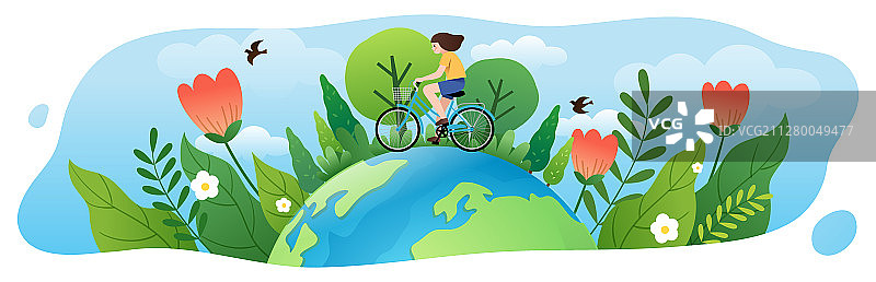 一个女生在地球上骑自行车和花草树木背景图片素材