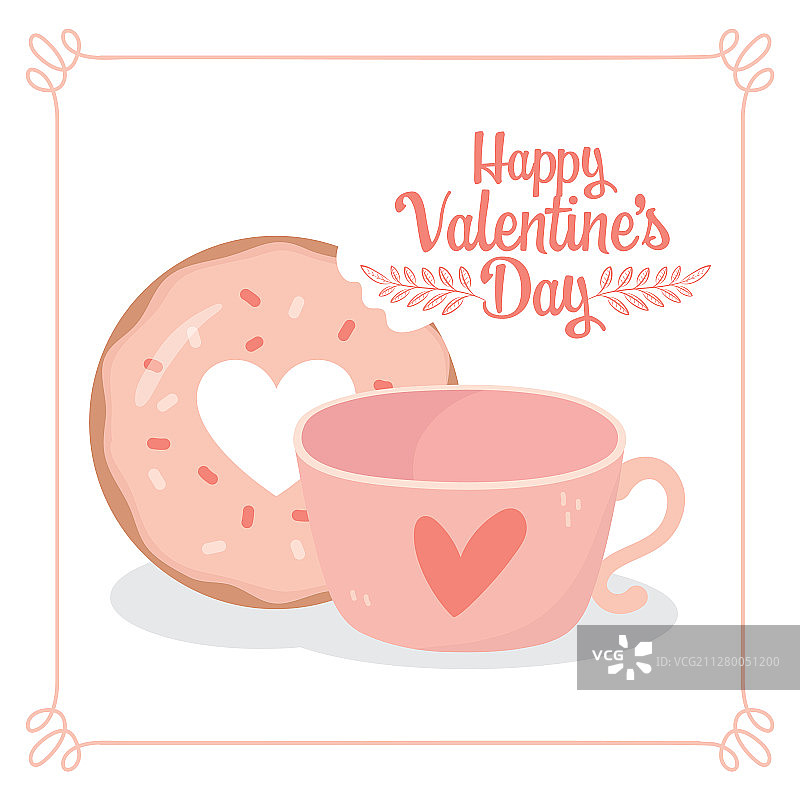 情人节快乐，甜蜜的咬甜甜圈和咖啡图片素材