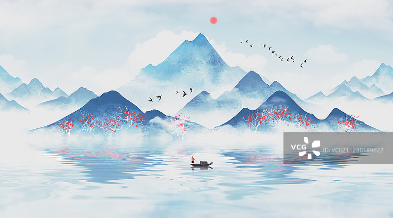 手绘中国风蓝色意境山水画图片素材
