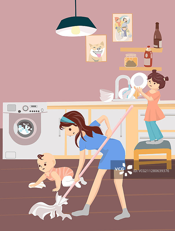 厨房拖地的妈妈孩劳动节母亲节竖版矢量插画图片素材
