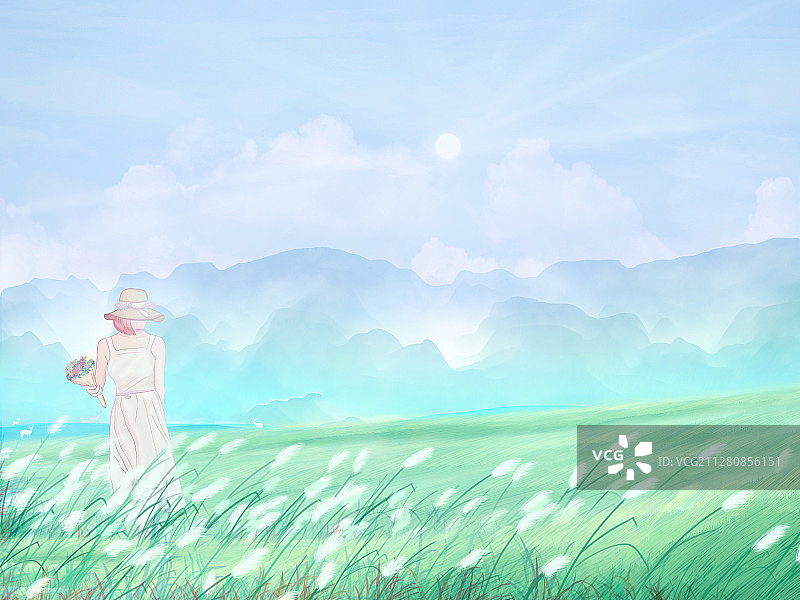 长裙少女在户外山坡上摘花欣赏美景插画图片素材
