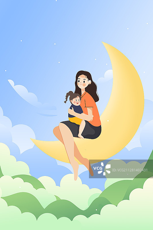 坐在月亮上抱着女儿的妈妈卡通插画图片素材