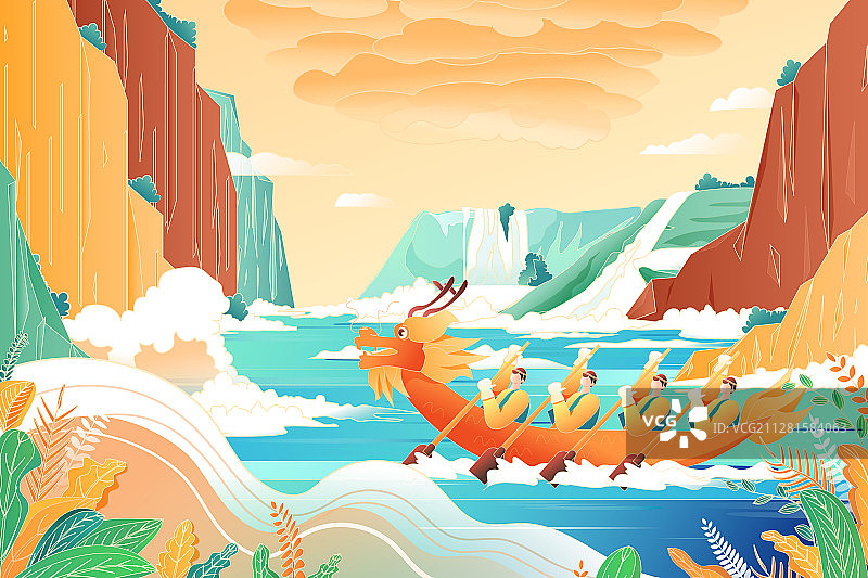 卡通端午节赛龙舟划船中国风传统节日习俗山水画背景矢量插画图片素材