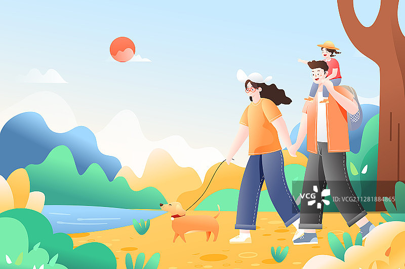 夏季一家三口家人亲子游出游旅行踏青户外自然风景矢量插画图片素材