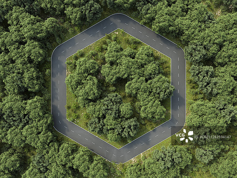 树木周围呈六边形的道路图片素材