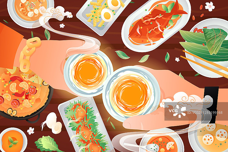 干杯举杯庆祝吃饭喝酒聚会食品中国风国潮扁平矢量插画图片素材