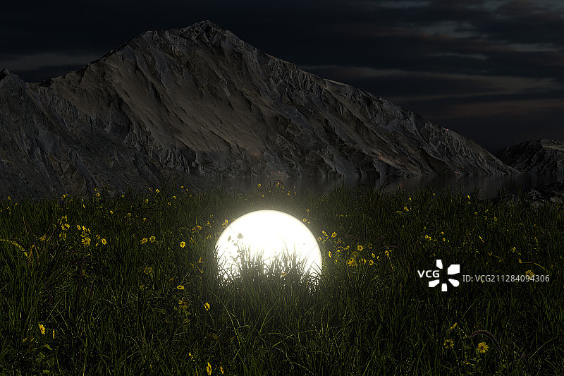 草丛里的发光球体 3D渲染图片素材