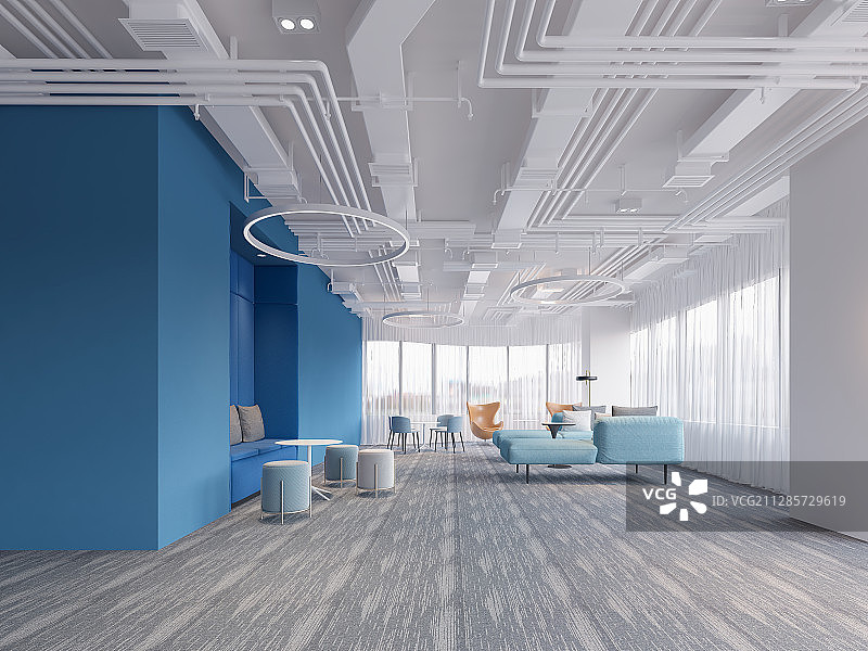 现代简约风格写字楼办公室交流区蓝色背景墙白天图片素材