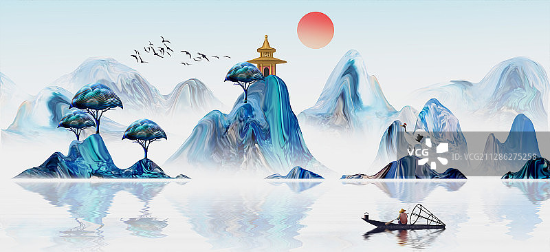 新中式蓝色意境背景插画图片素材