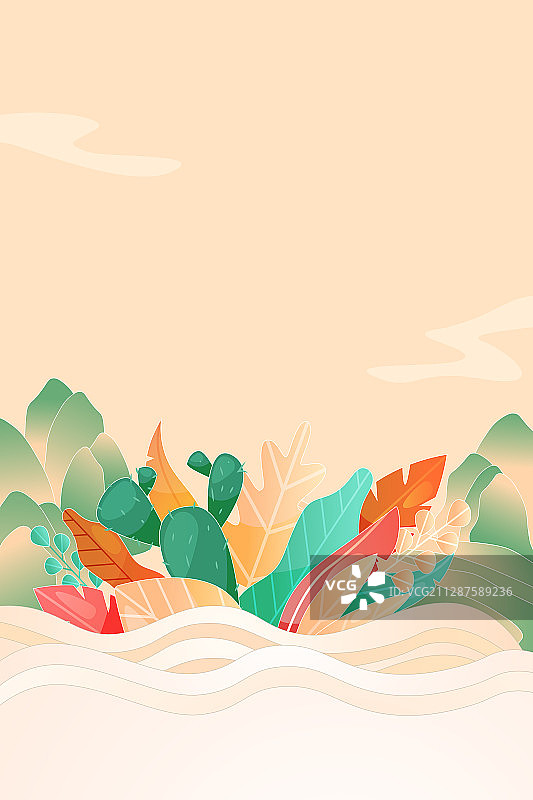 卡通自然风景树叶叶子花卉山水背景中国风矢量插画图片素材