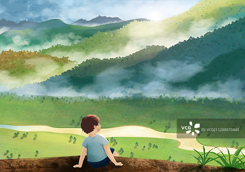 男孩坐在山顶上看日出插画图片素材