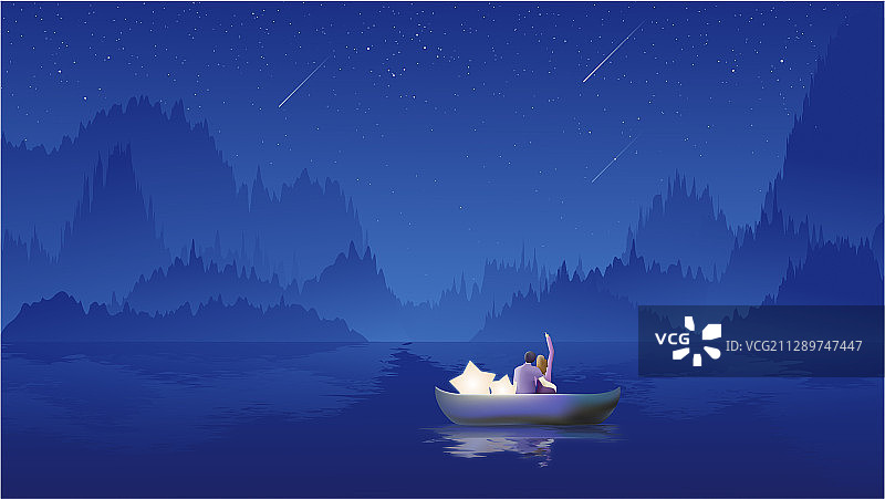 星空下的群山和湖面上坐在小船上的情侣矢量插画图片素材