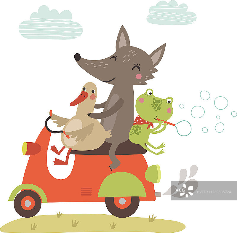 骑摩托车的狼、鹅和青蛙图片素材