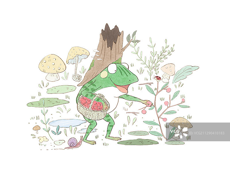 青蛙摘野果儿童插画图片素材