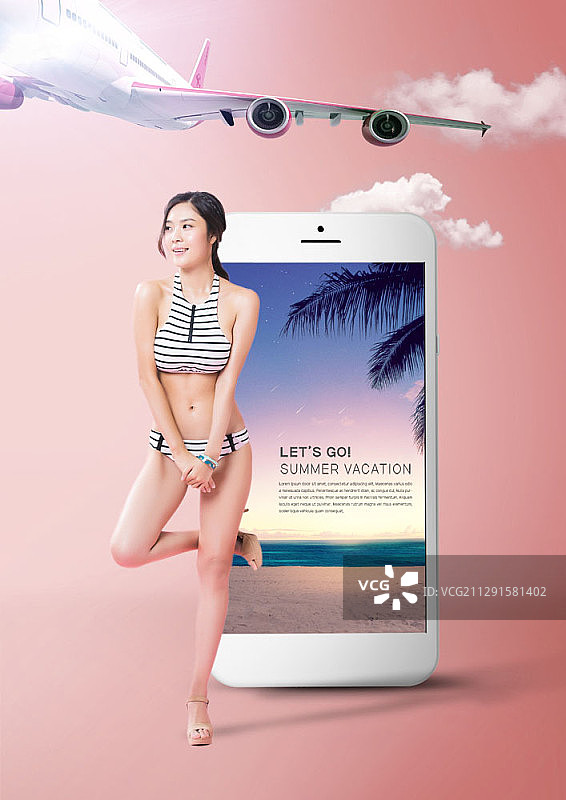 暑假主题合成与女人在比基尼手机和飞机图片素材