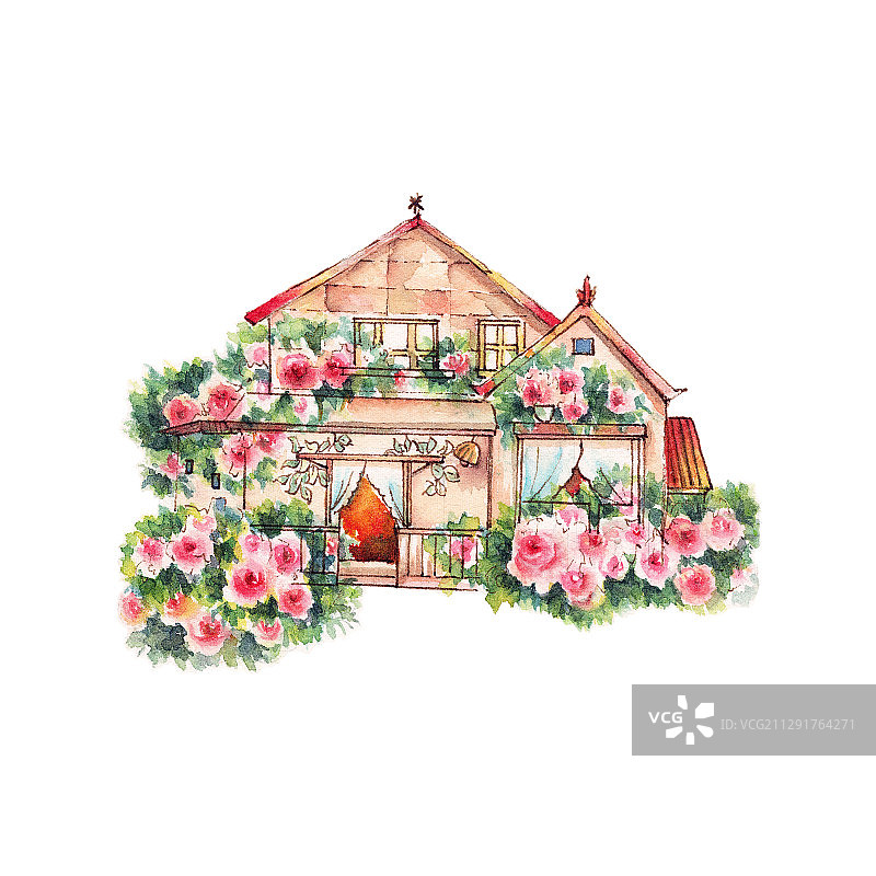 清新水彩手绘卡通童趣的建筑房屋系列木屋小花房图片素材