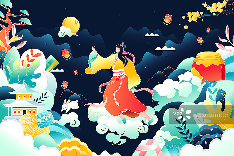 中秋节嫦娥月饼兔子传统节日美食促销活动中国风国潮矢量插画图片素材