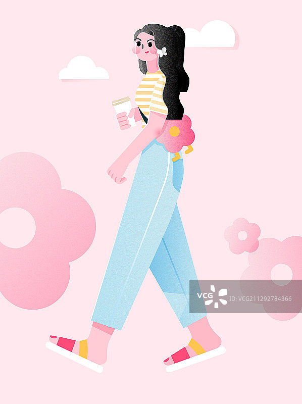 粉色背景喝奶茶走路的阳光女孩图片素材