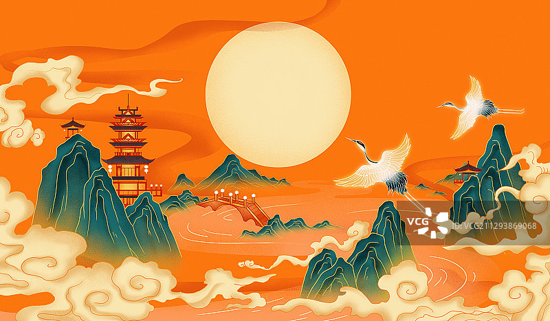 橙色古建筑和仙鹤国潮山水插画图片素材
