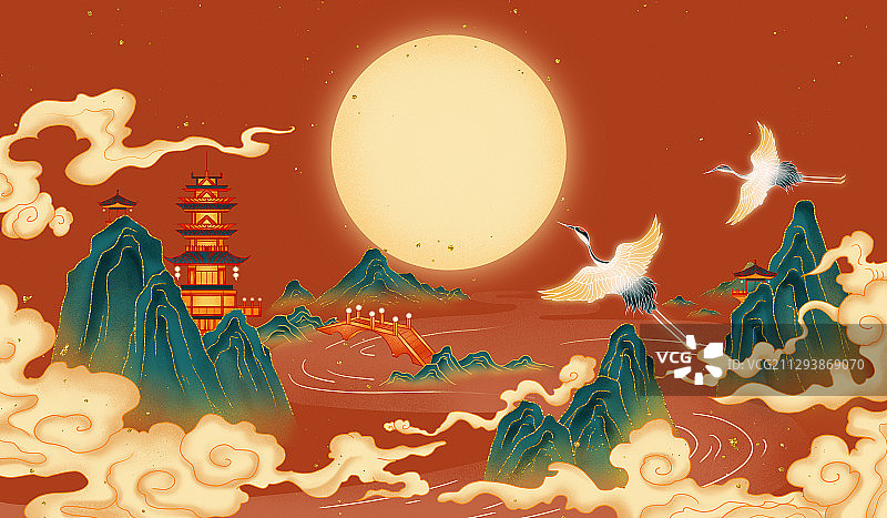 中国风山水建筑金箔国潮插画图片素材